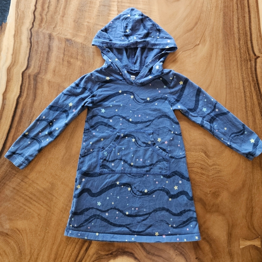 Girls Tea Collection Blue Multi-color Star Wave Hooded Casual Dress Size 5